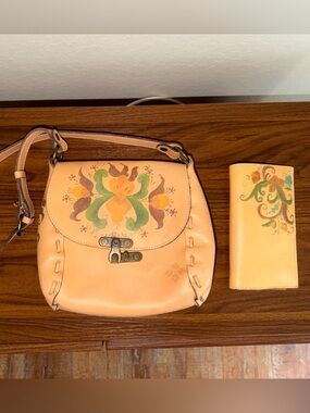 Patricia Nash Hand-Painted Leather Crossbody Bag in Tan and Matching Wallet